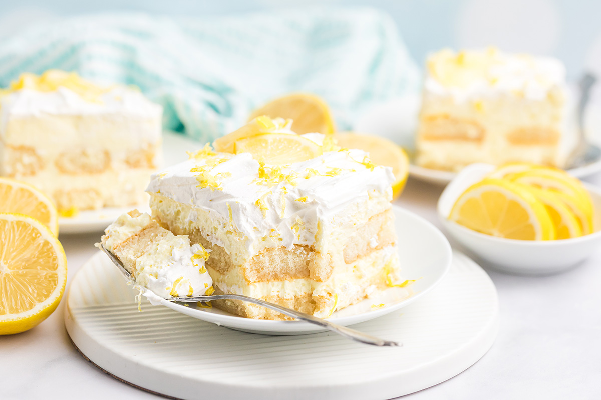 bite taken out of slice of lemon tiramisu