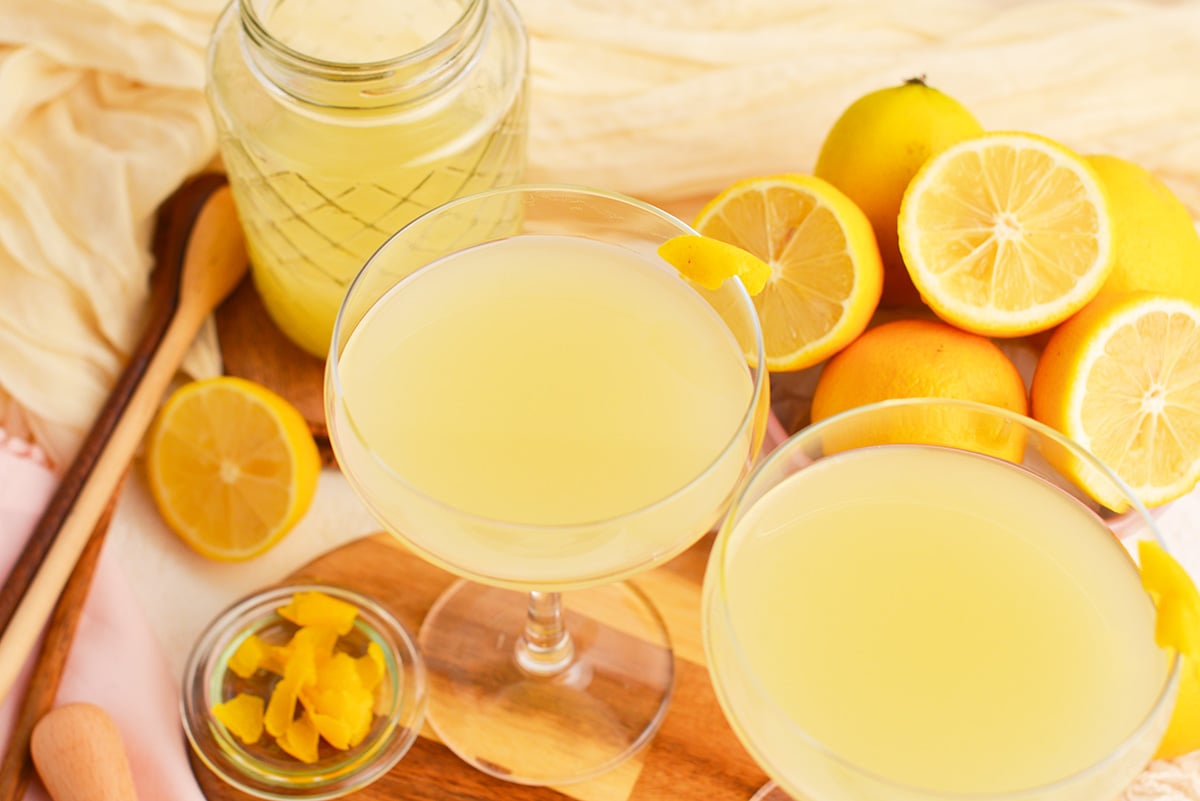 angled shot of two goblets of limoncello