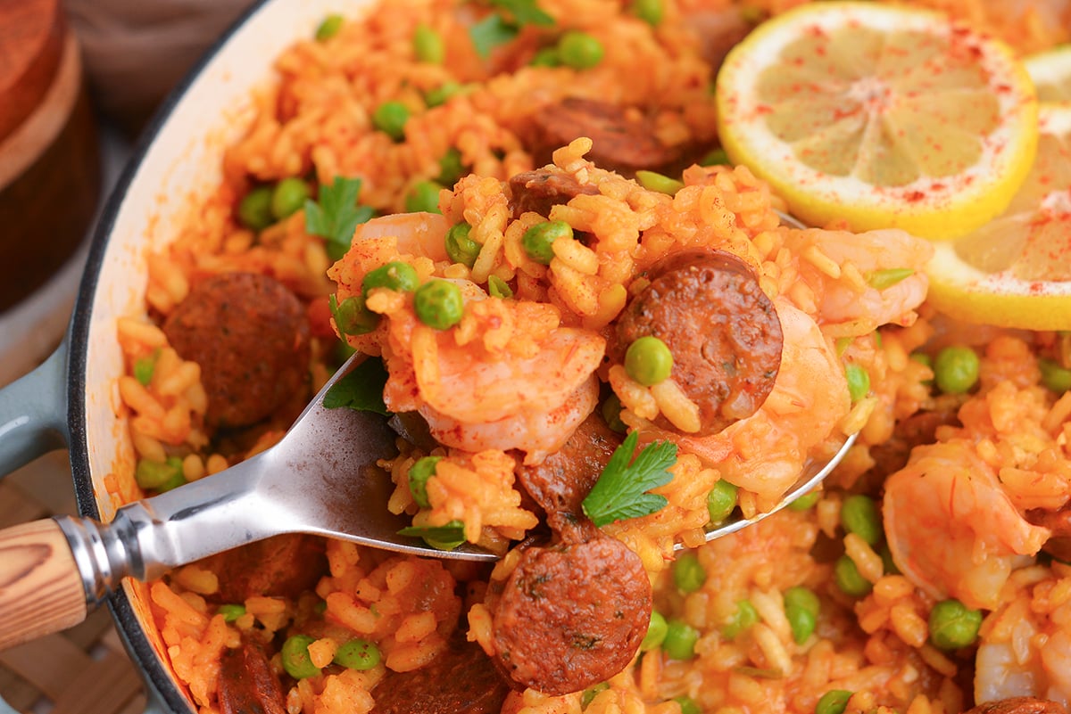 shrimp paella on serving spoon