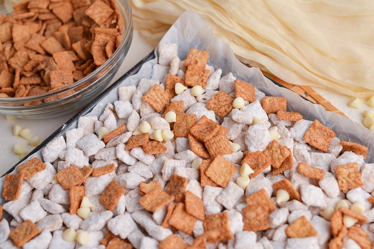 angled shot of cinnamon puppy chow on baking sheet