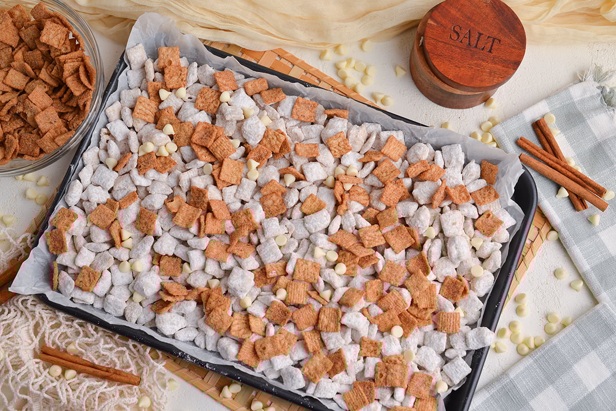 overhead shot of tray of cinnamon puppy chow