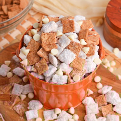 angled shot of bucket of snickerdoodle puppy chow