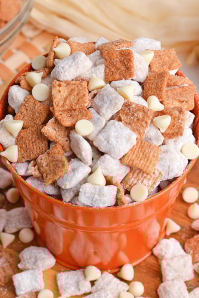 angled shot of bucket of snickerdoodle puppy chow