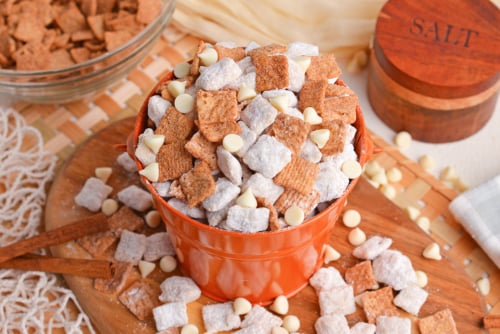 angled shot of bucket of snickerdoodle puppy chow