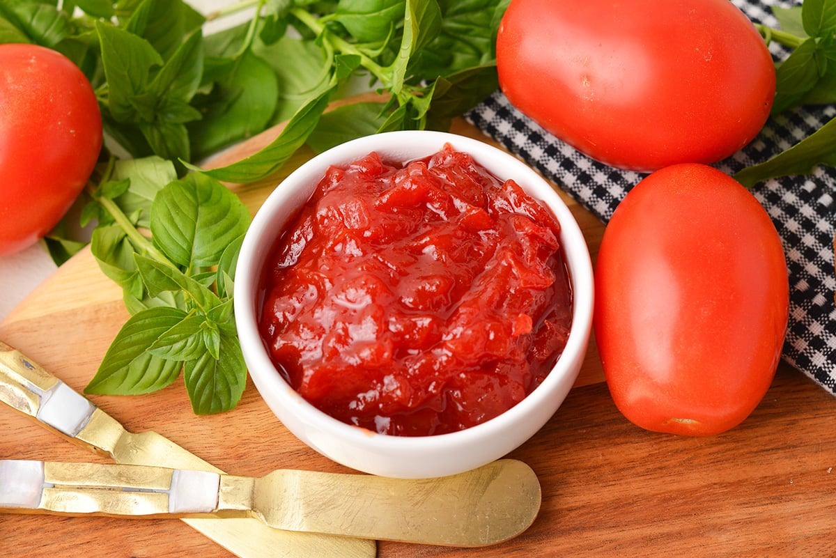 angled shot of bowl of tomato jam