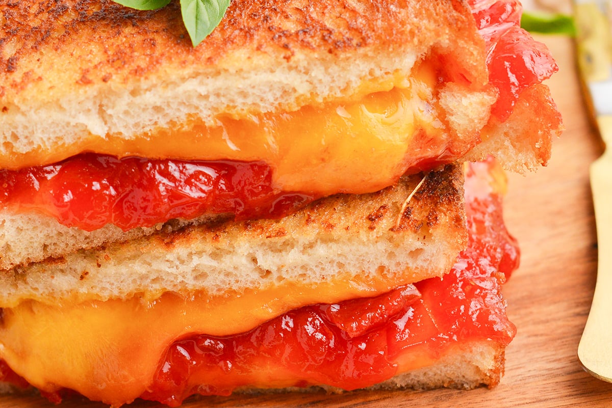 close up of grilled cheese with tomato jam