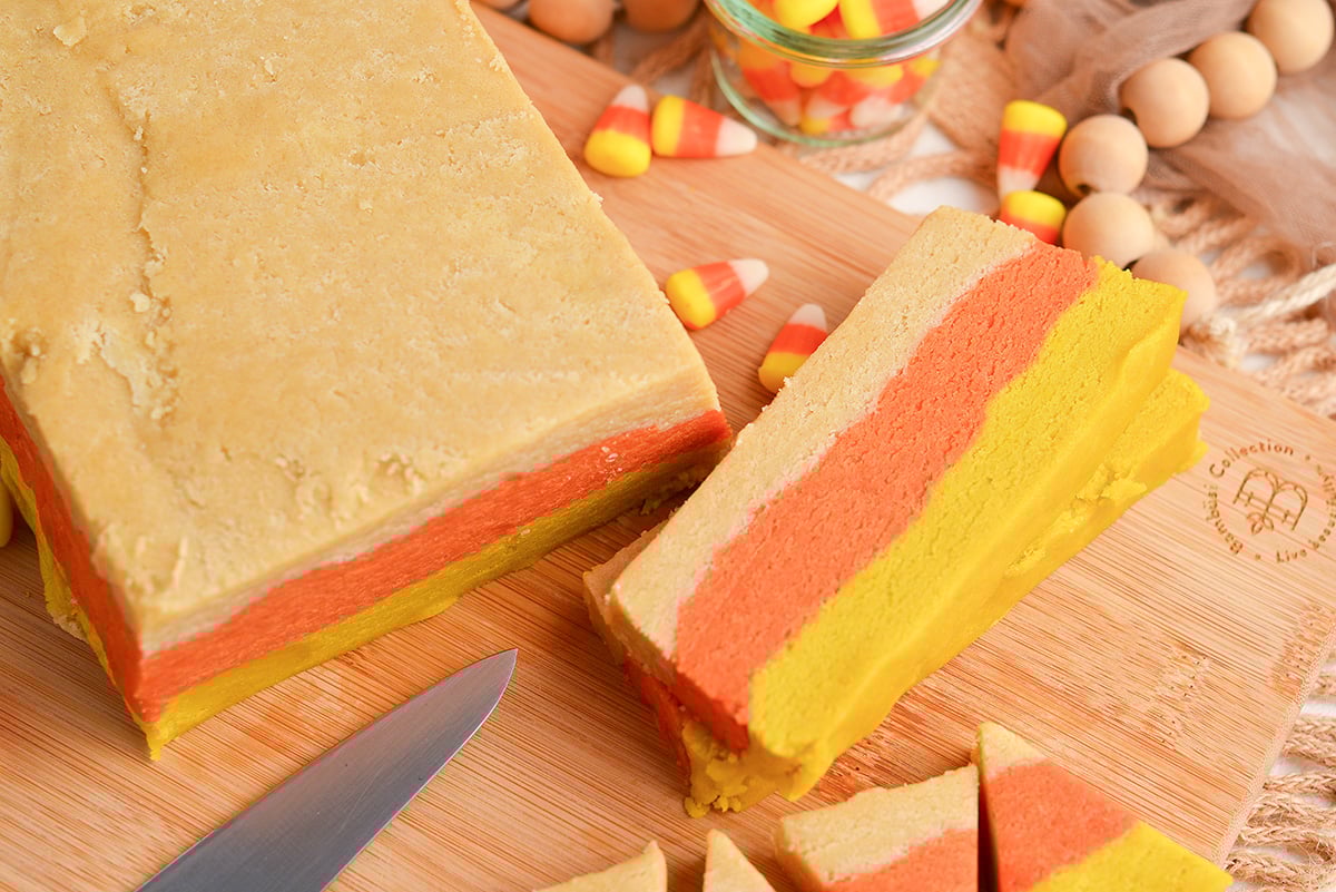 overhead shot of candy corn cookie dough on board
