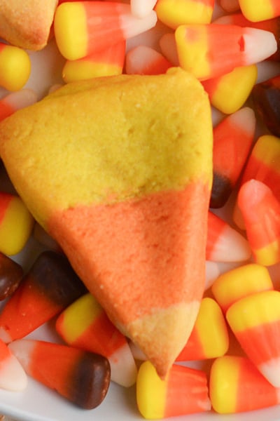 close up overhead shot of candy corn cookie