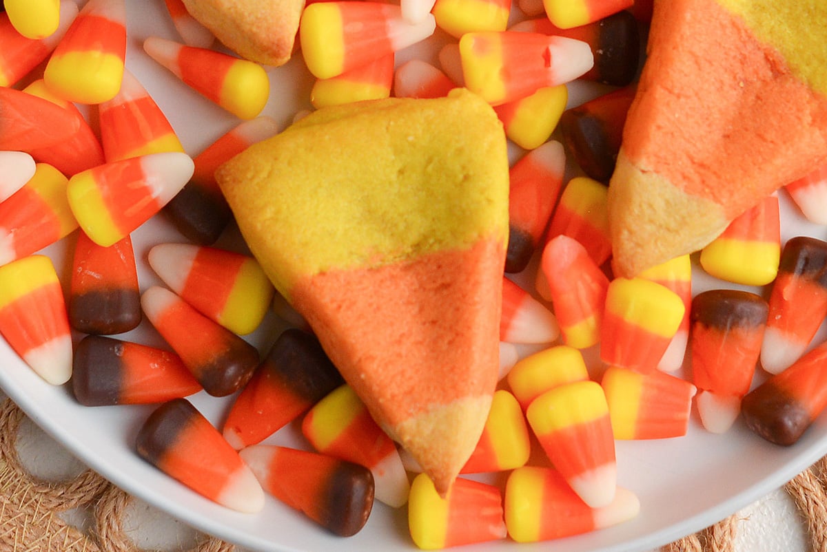 close up overhead shot of candy corn cookie
