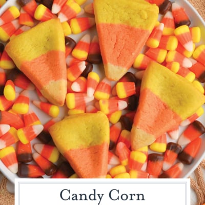 overhead shot of plate of candy corn cookies with text overlay