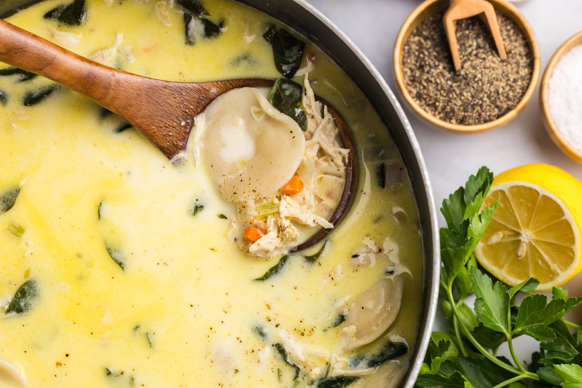 overhead shot of ladle in pot of soup