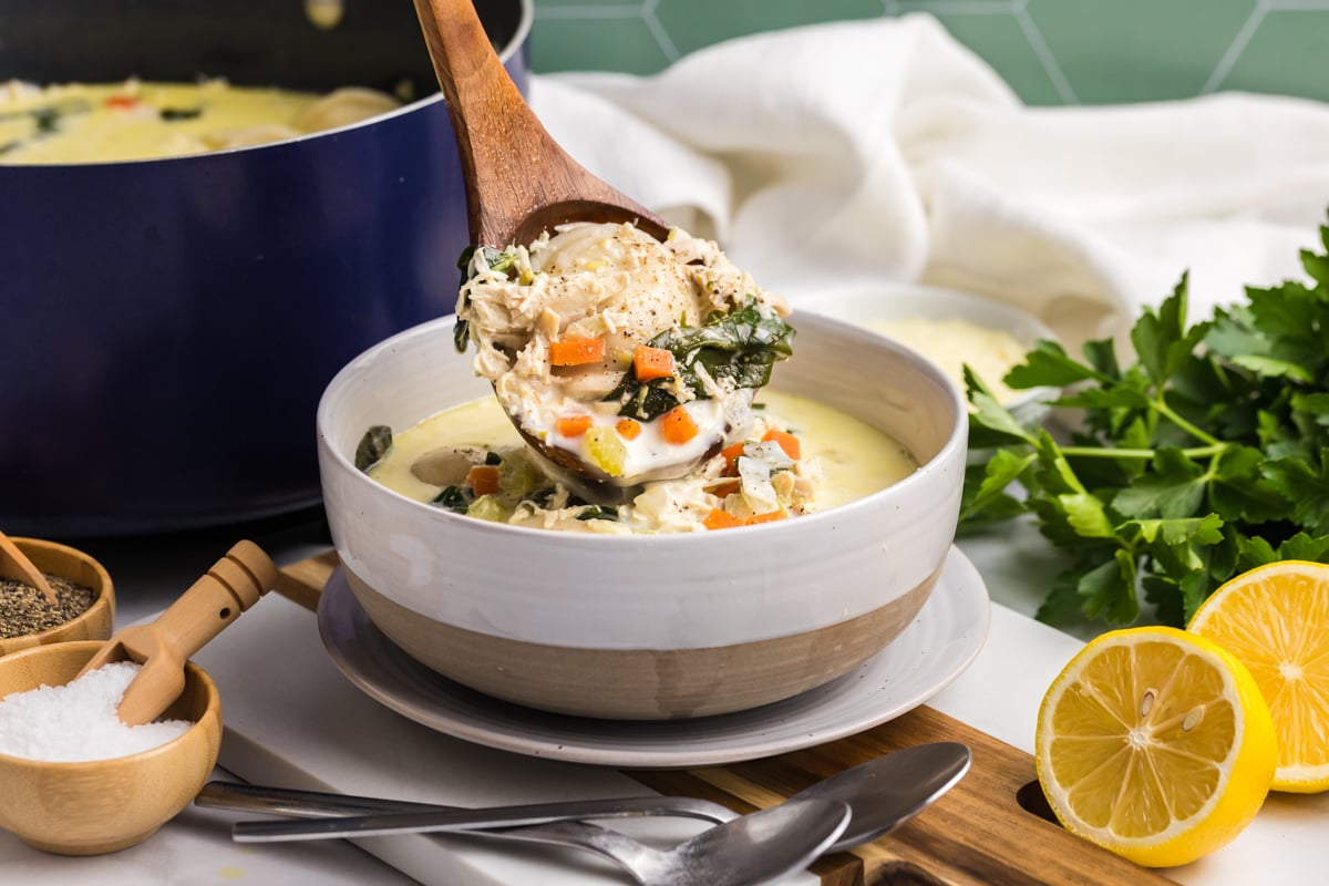ladle adding soup to bowl