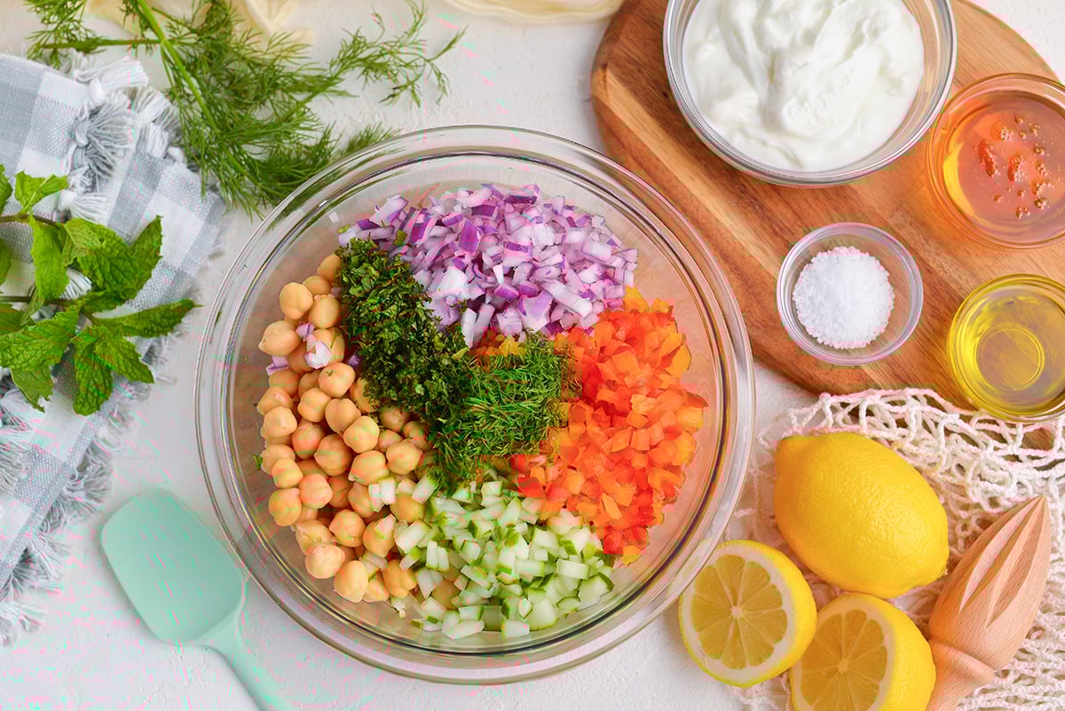 overhead shot of chickpea salad ingredients