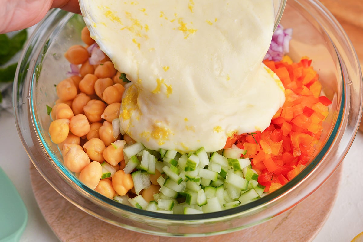 dressing poured into chopped veggies