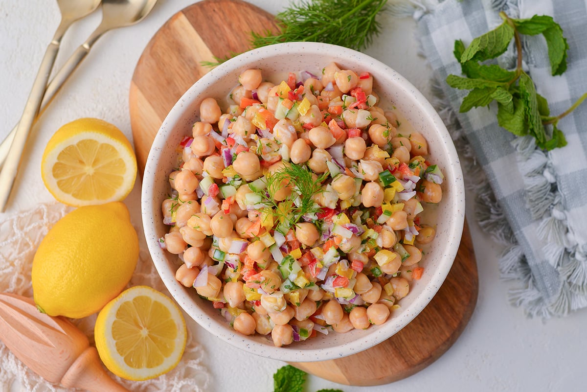 overhead shot of bowl of chickpea salad