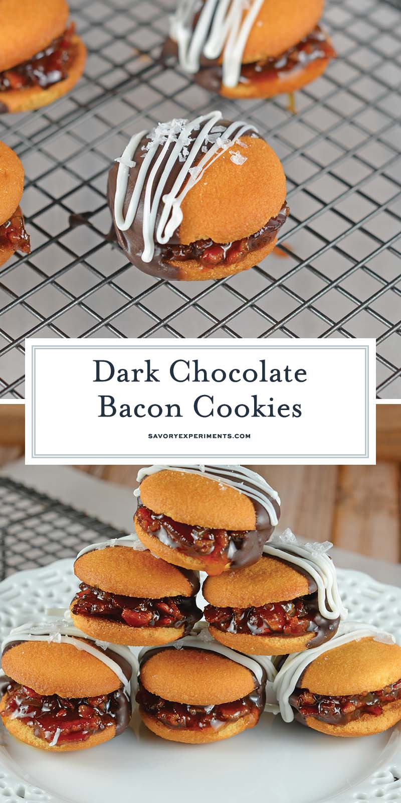 collage of chocolate dipped bacon cookies