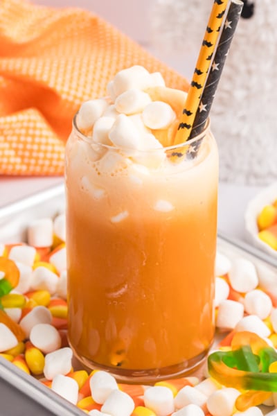 glass of halloween punch on tray
