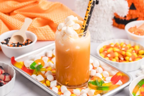 glass of halloween punch on tray