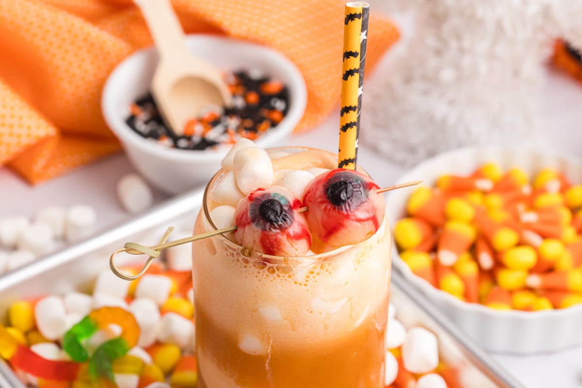angled shot of halloween punch topped with gummy eyeballs