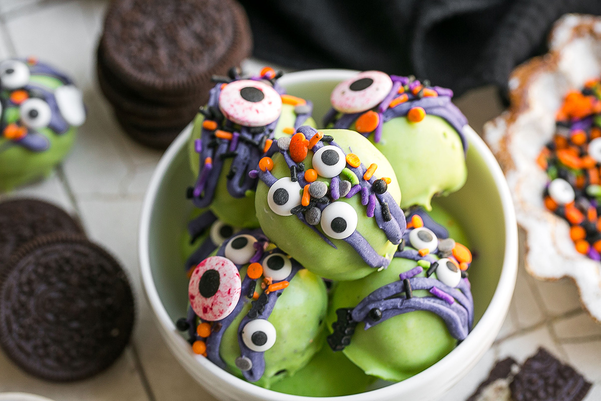 angled shot of bowl of halloween eyeball truffles