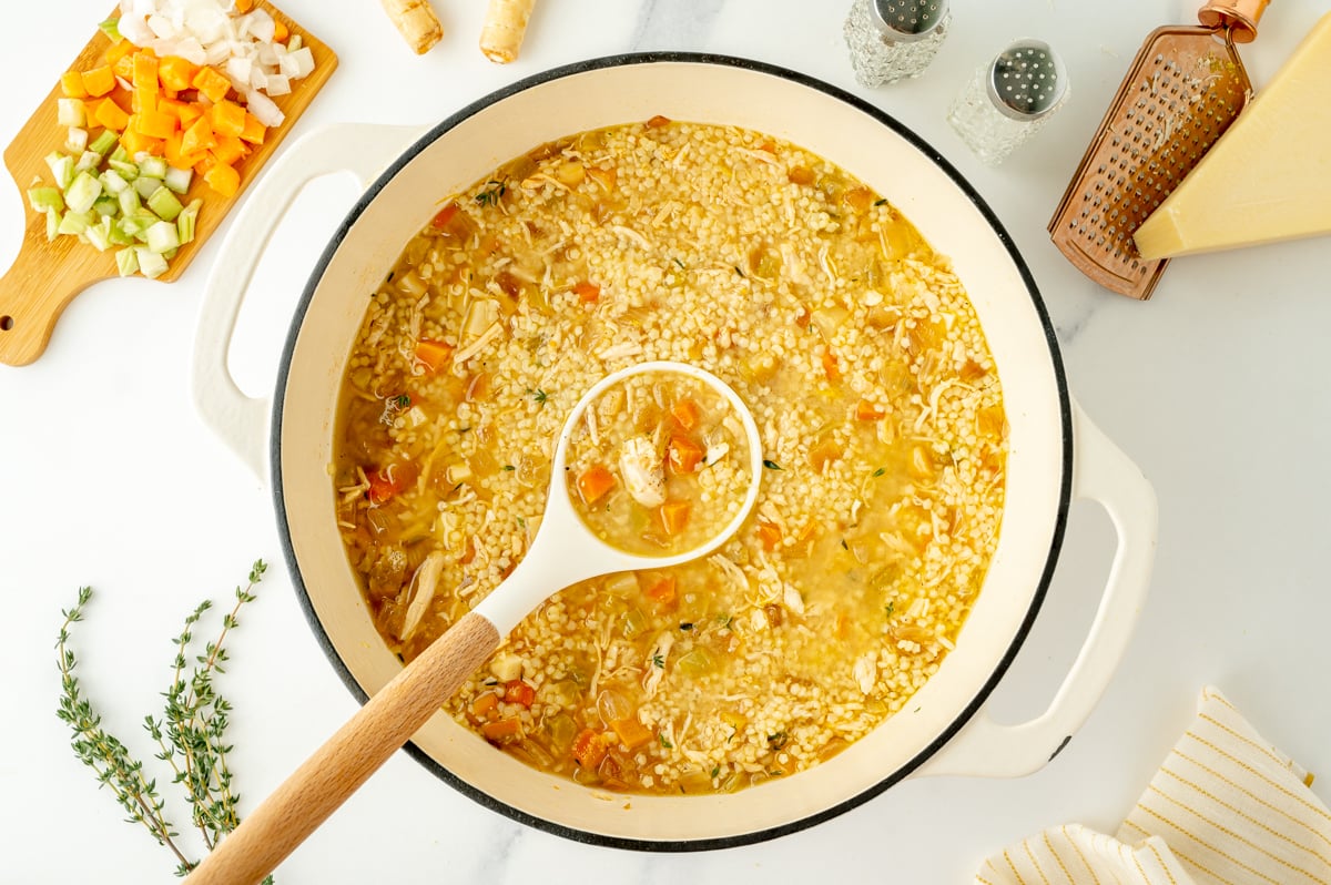 overhead shot of pot of pastina soup