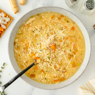 overhead shot of bowl of pastina soup