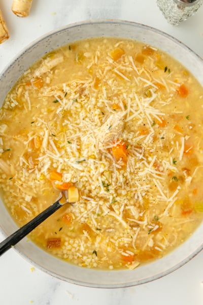 overhead shot of bowl of pastina soup
