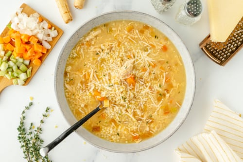 overhead shot of bowl of pastina soup