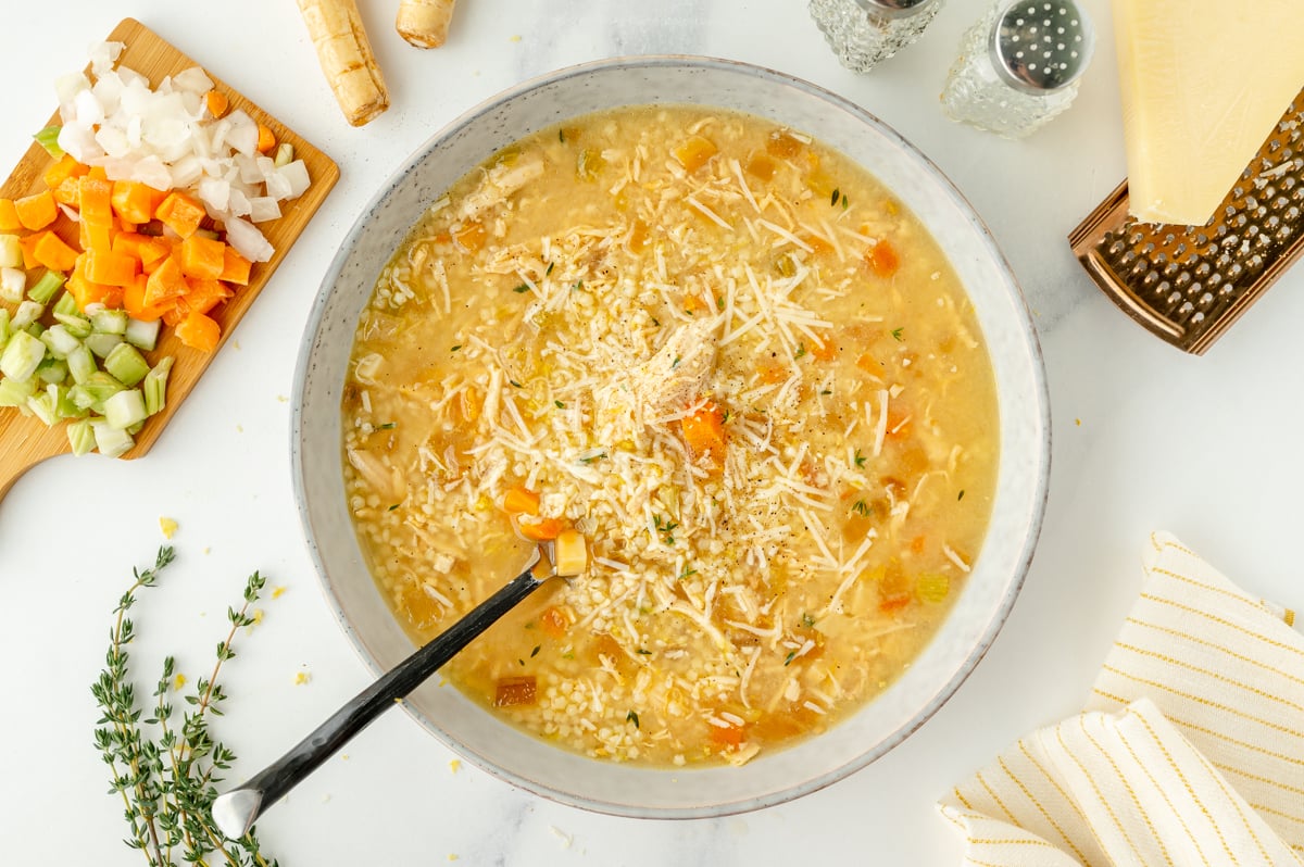 overhead shot of bowl of pastina soup