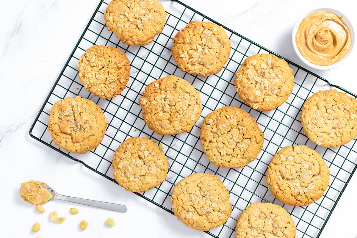 overhead shot of peanut butter oatmeal cookies on a cooling rack