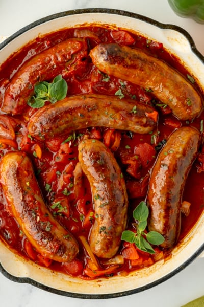 overhead shot of pan of italian sausage and peppers