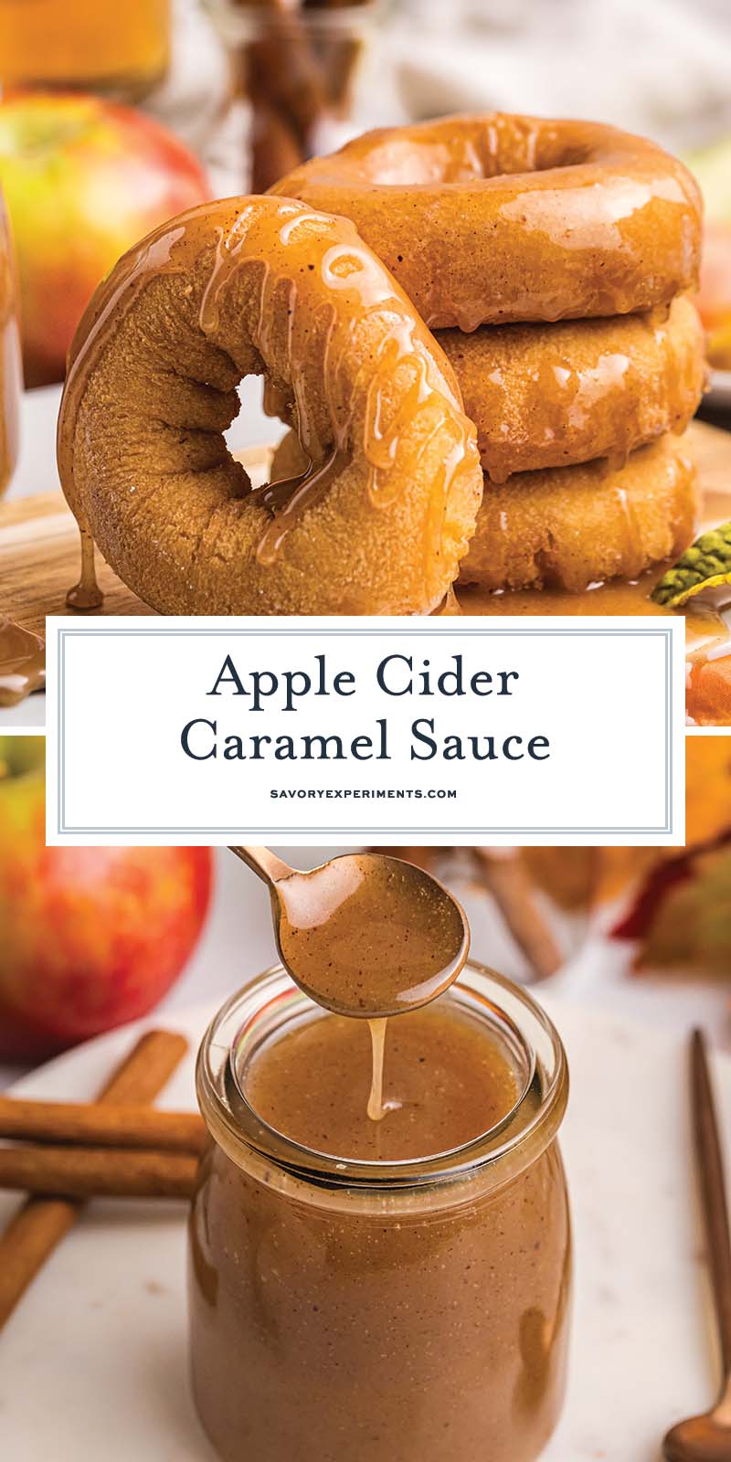 collage of apple cider caramel sauce