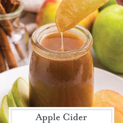apple dipping into caramel sauce with text overlay