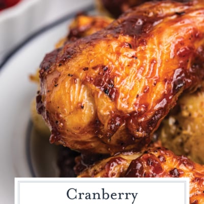 close up of chicken brushed with bbq sauce with text overlay