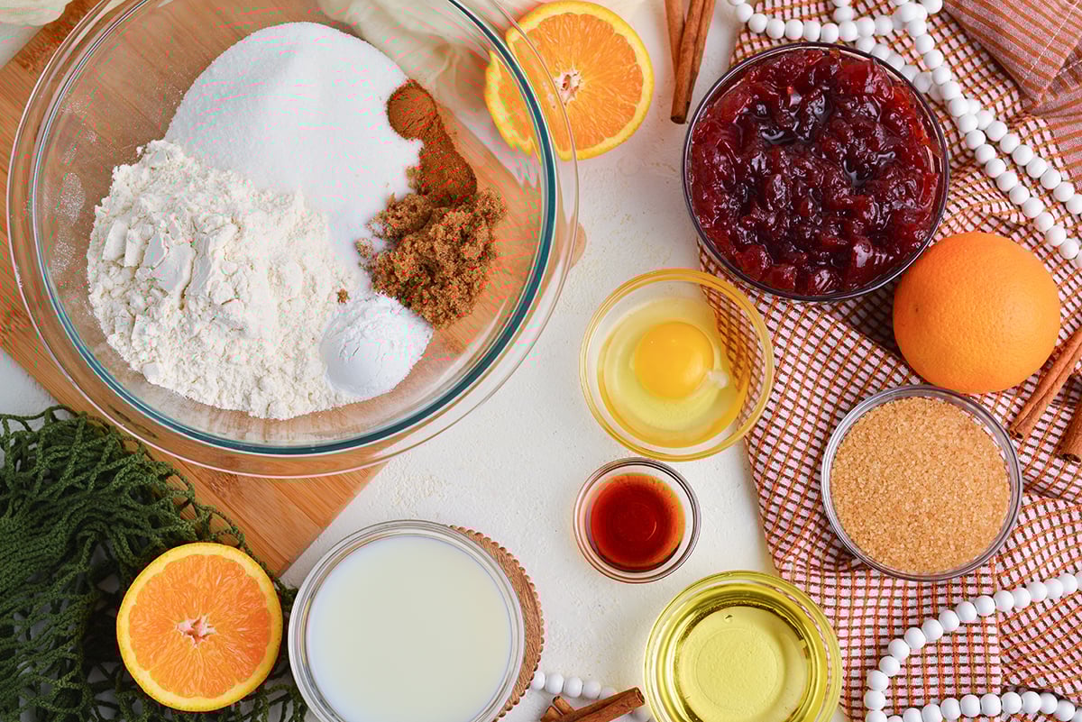 overhead shot of cranberry muffin ingredients
