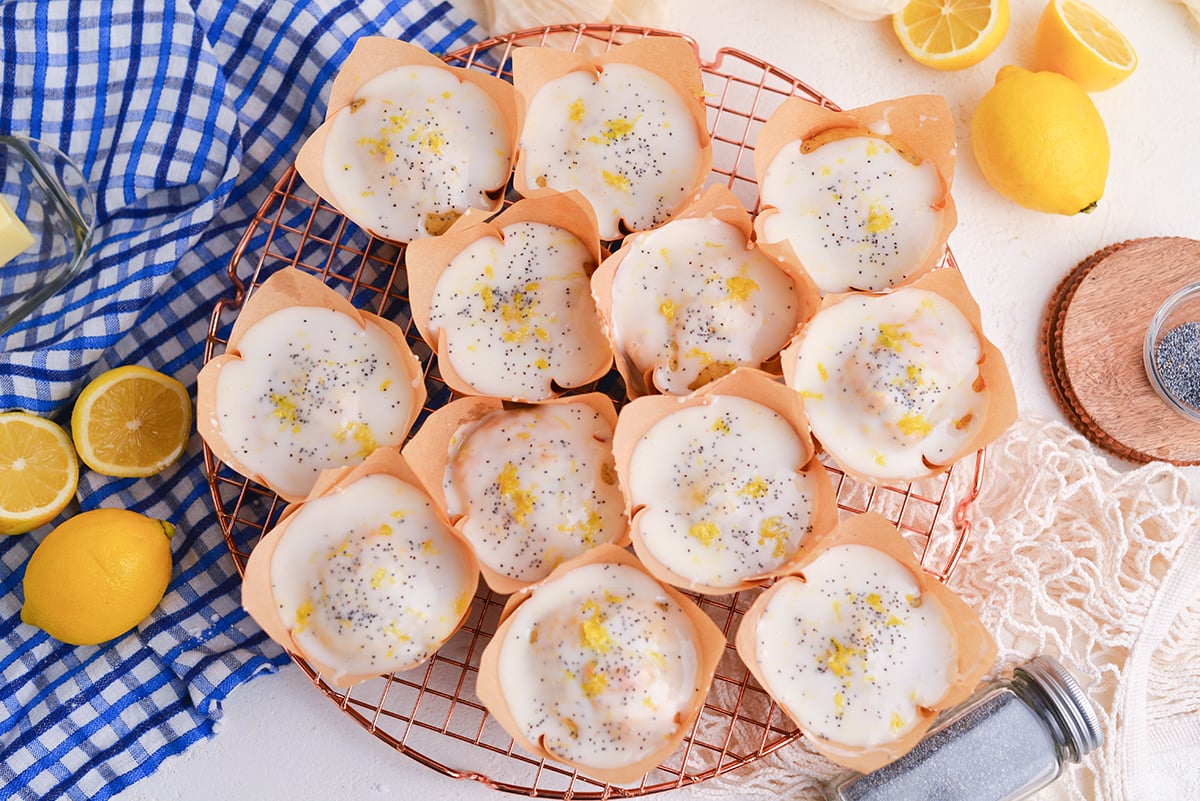 overhead shot of lemon poppy seed muffins on cooling rack