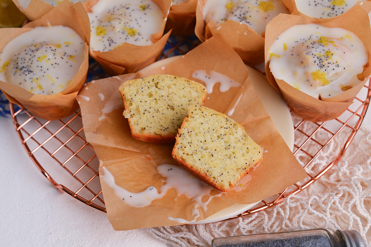 bakery-style lemon muffin cut in half
