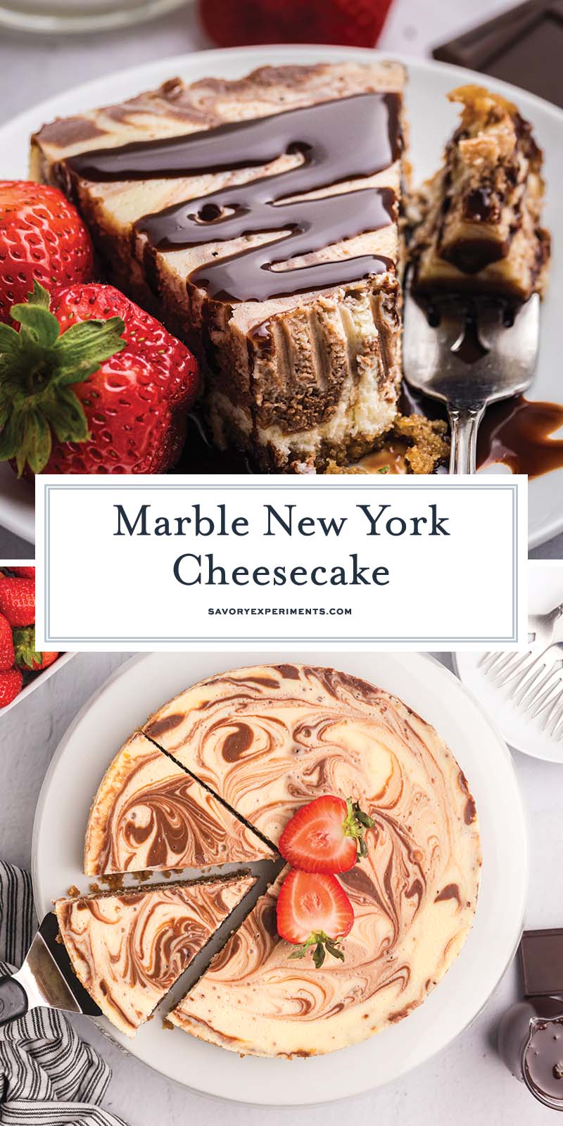 collage of new york marble cheesecake