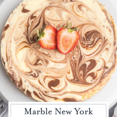 overhead shot of marble cheesecake with text overlay