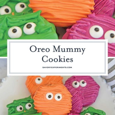 collage of oreo mummy cookies