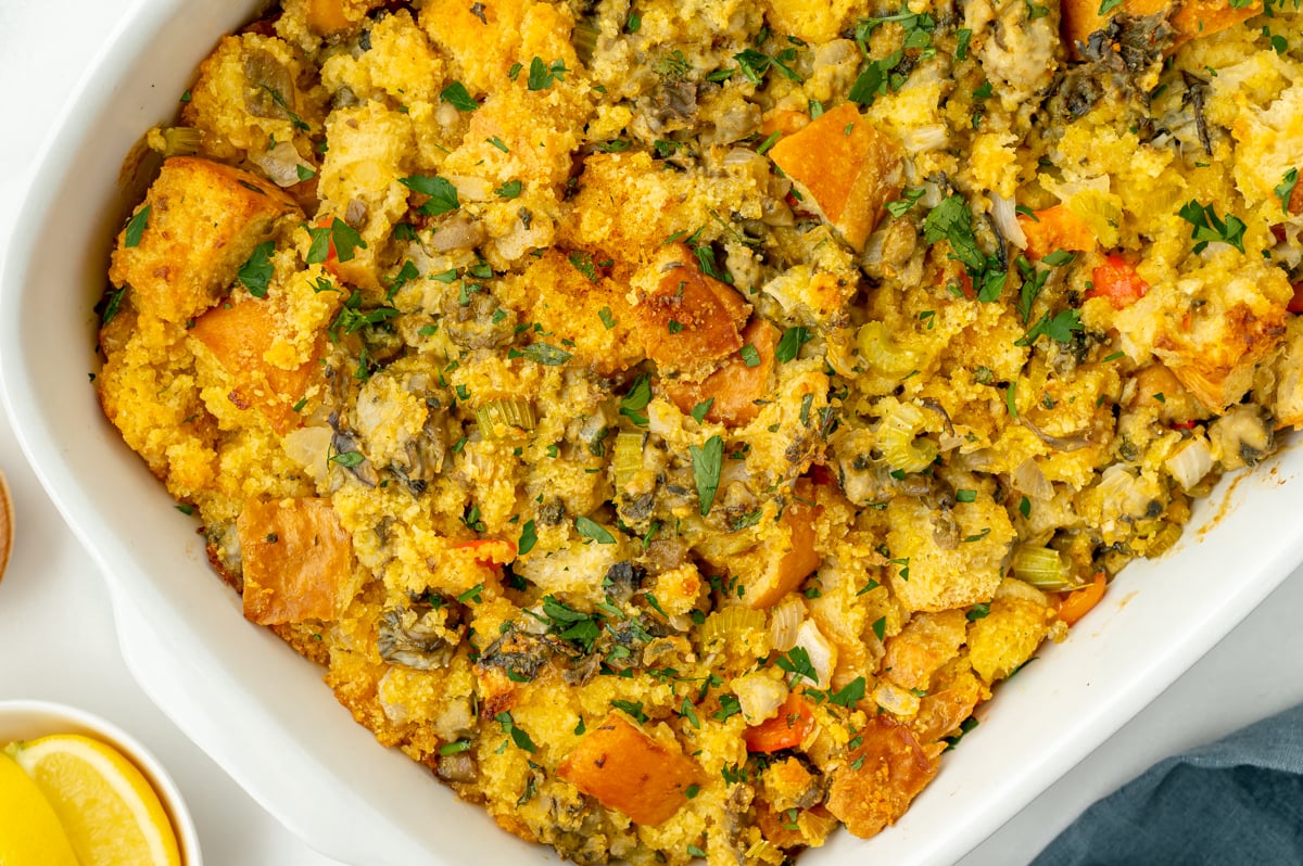 close up overhead shot of oyster stuffing