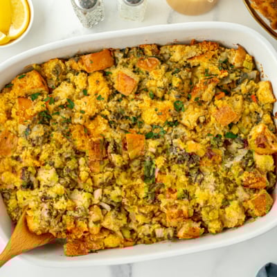 overhead shot of oyster dressing in baking pan