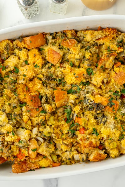 overhead shot of oyster dressing in baking pan