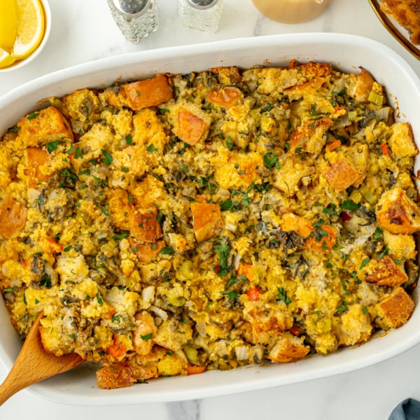 overhead shot of oyster dressing in baking pan