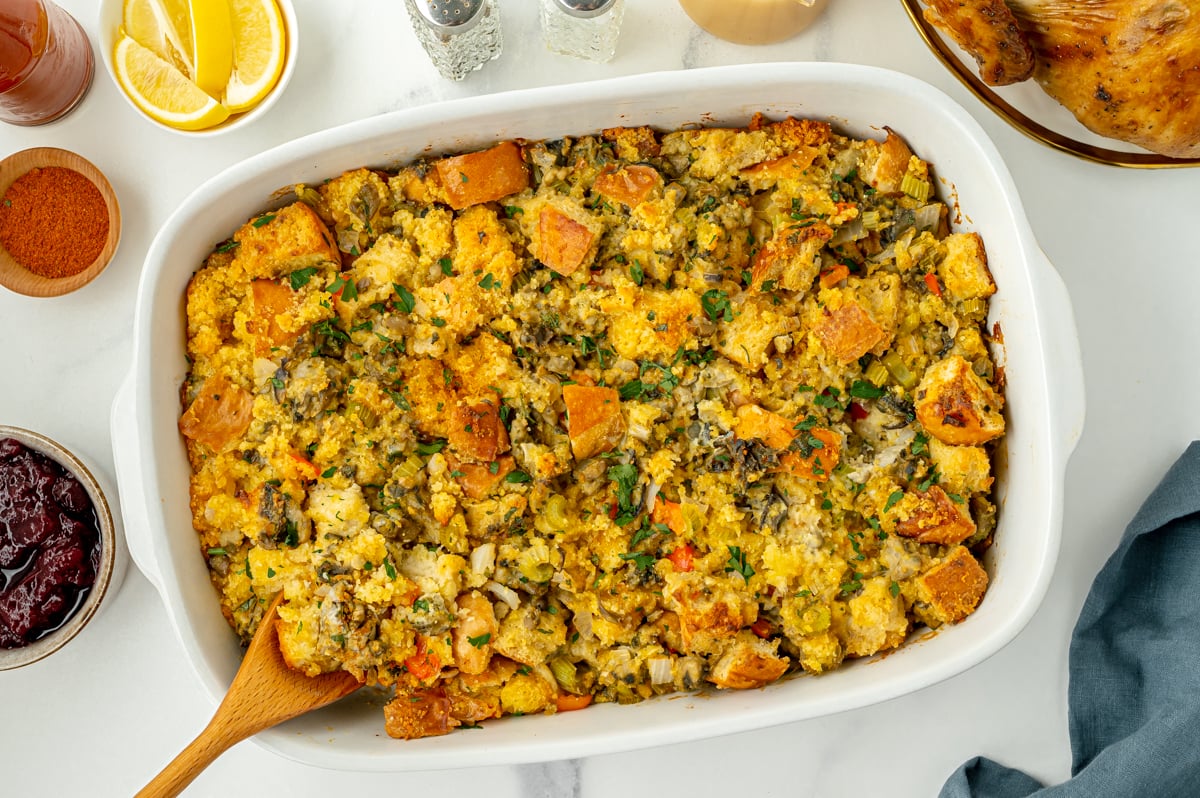 overhead shot of oyster dressing in baking pan