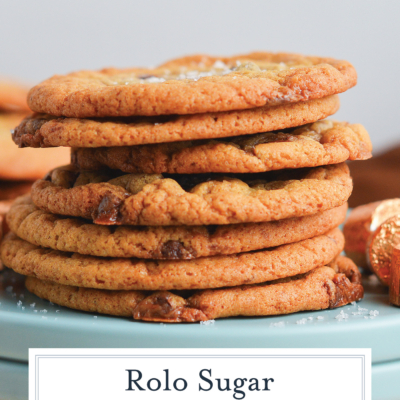 stack of rolo sugar cookies with text overlay