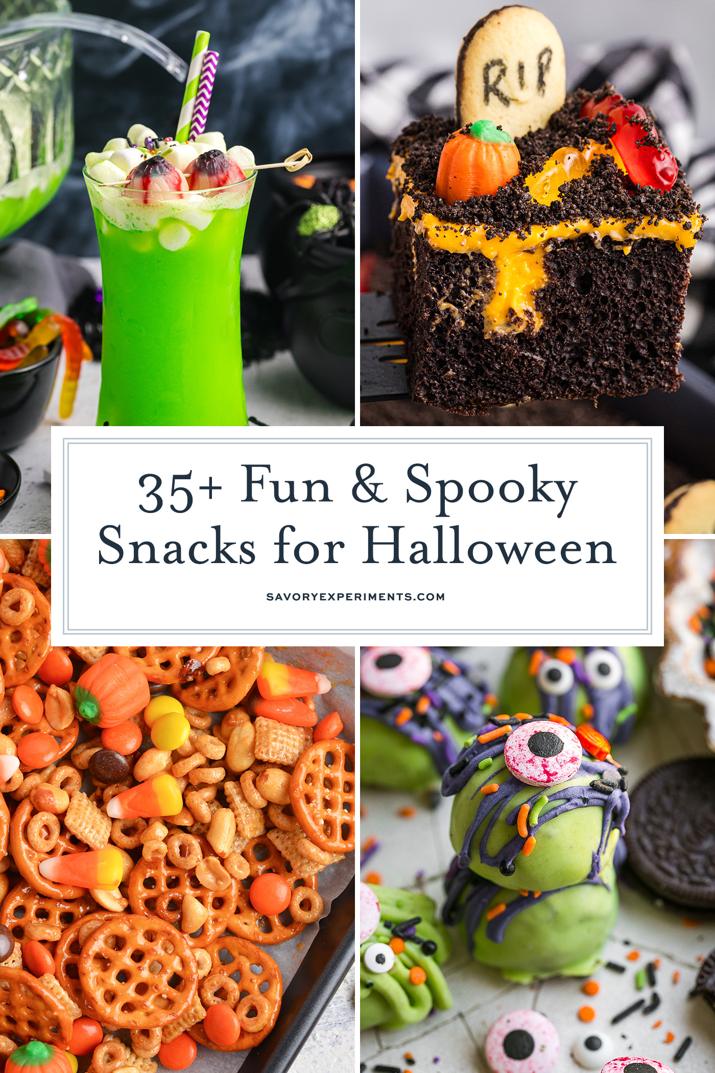 collage of fun and spooky snacks for halloween