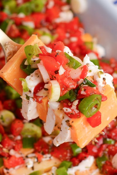 southern marinated cheese on fork