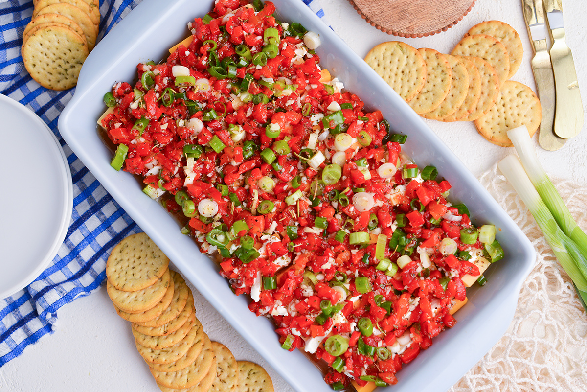 overhead shot of dish or marinated cheese