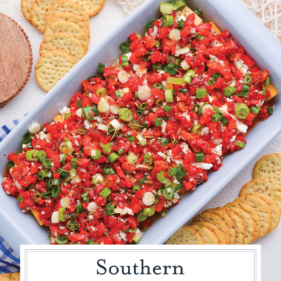 overhead shot of marinated cheese in dish with text overlay